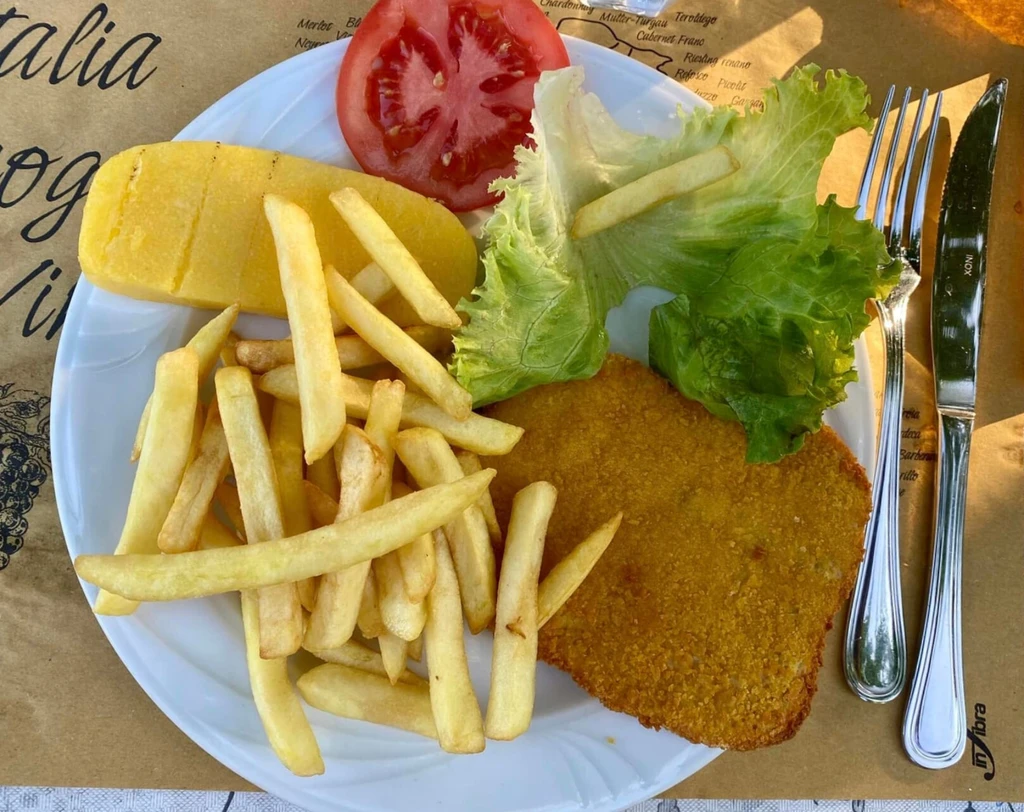 Piatto con cotoletta di pollo e patatine